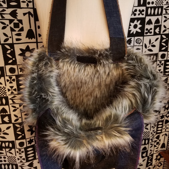 New Patchwork Grey Faux Fur and Denim Bag - Picture 3 of 5